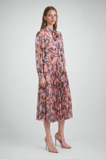 Mikael Aghal Floral Pleated Tie-Neck Midi Dress
