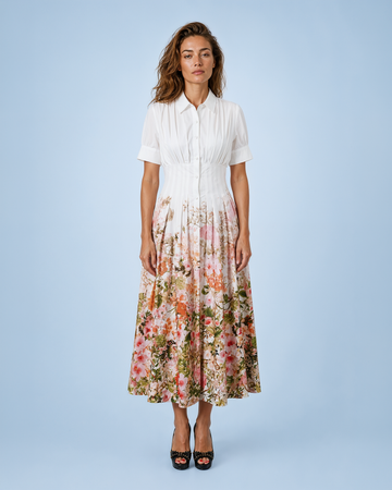 Mikael Aghal Mixed-Media Short Sleeve Shirt Dress with Floral Skirt