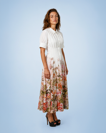 Mikael Aghal Mixed-Media Short Sleeve Shirt Dress with Floral Skirt