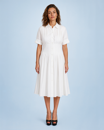Mikael Aghal Pleat-Detail Short-Sleeve Shirtdress in White