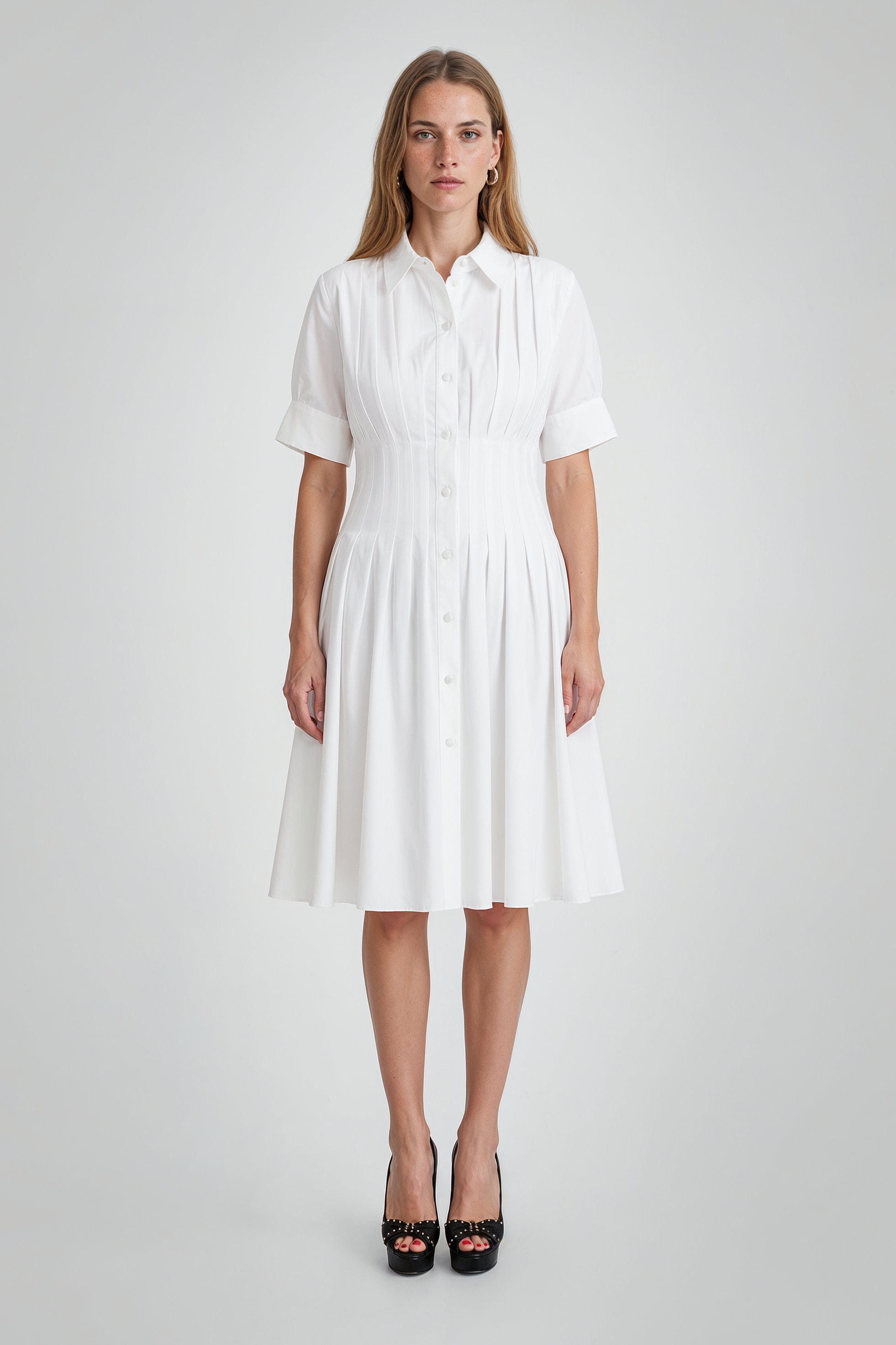 Pleat-Detail Short-Sleeve Shirtdress