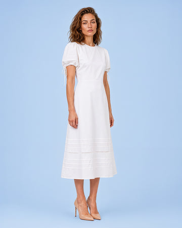 Mikael Aghal White Cotton Midi Dress with Puff Sleeves