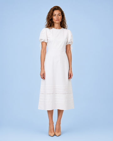 Mikael Aghal White Cotton Midi Dress with Puff Sleeves