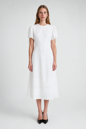 Mikael Aghal White Cotton Midi Dress with Puff Sleeves