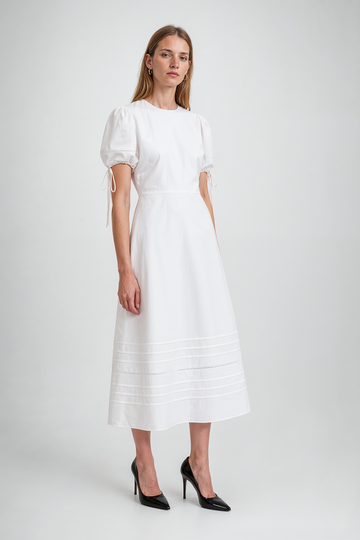 Mikael Aghal White Cotton Midi Dress with Puff Sleeves