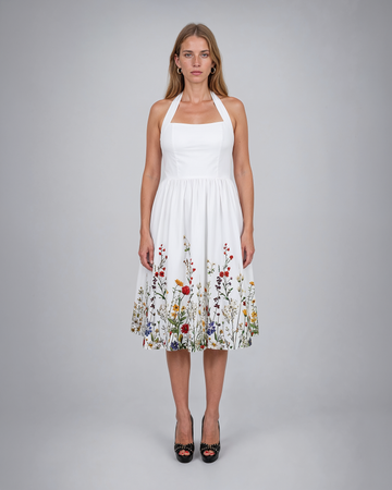 Mikael Aghal Wildflower Print Halter Midi Dress in White
