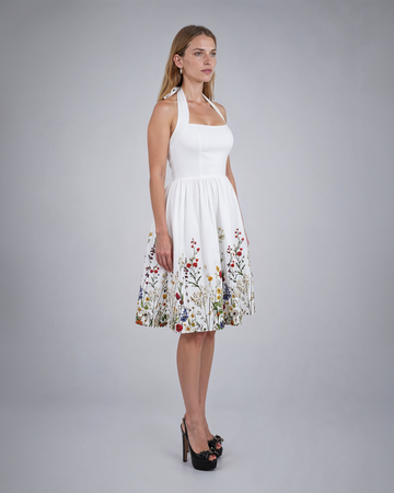 Mikael Aghal Wildflower Print Halter Midi Dress in White