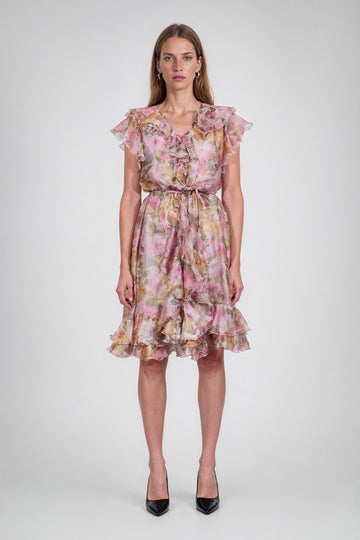 Mikael Aghal Pink Floral Ruffle Midi Dress