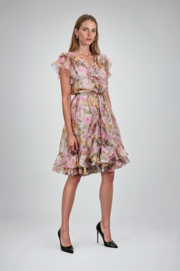 Mikael Aghal Pink Floral Ruffle Midi Dress
