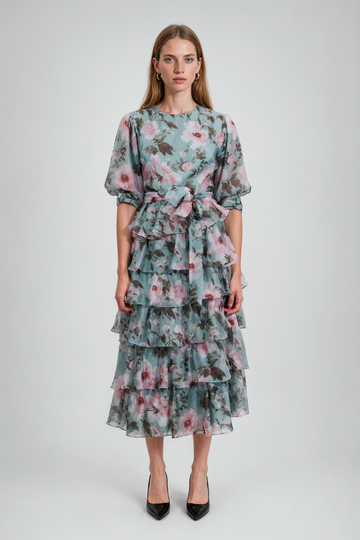 Mikael Aghal Blue Floral Tiered Ruffle Midi Dress