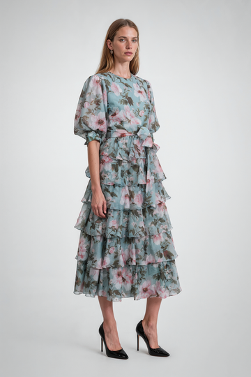 Mikael Aghal Blue Floral Tiered Ruffle Midi Dress
