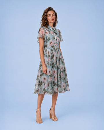 Mikael Aghal Sage Floral Chiffon Shirt Midi Dress