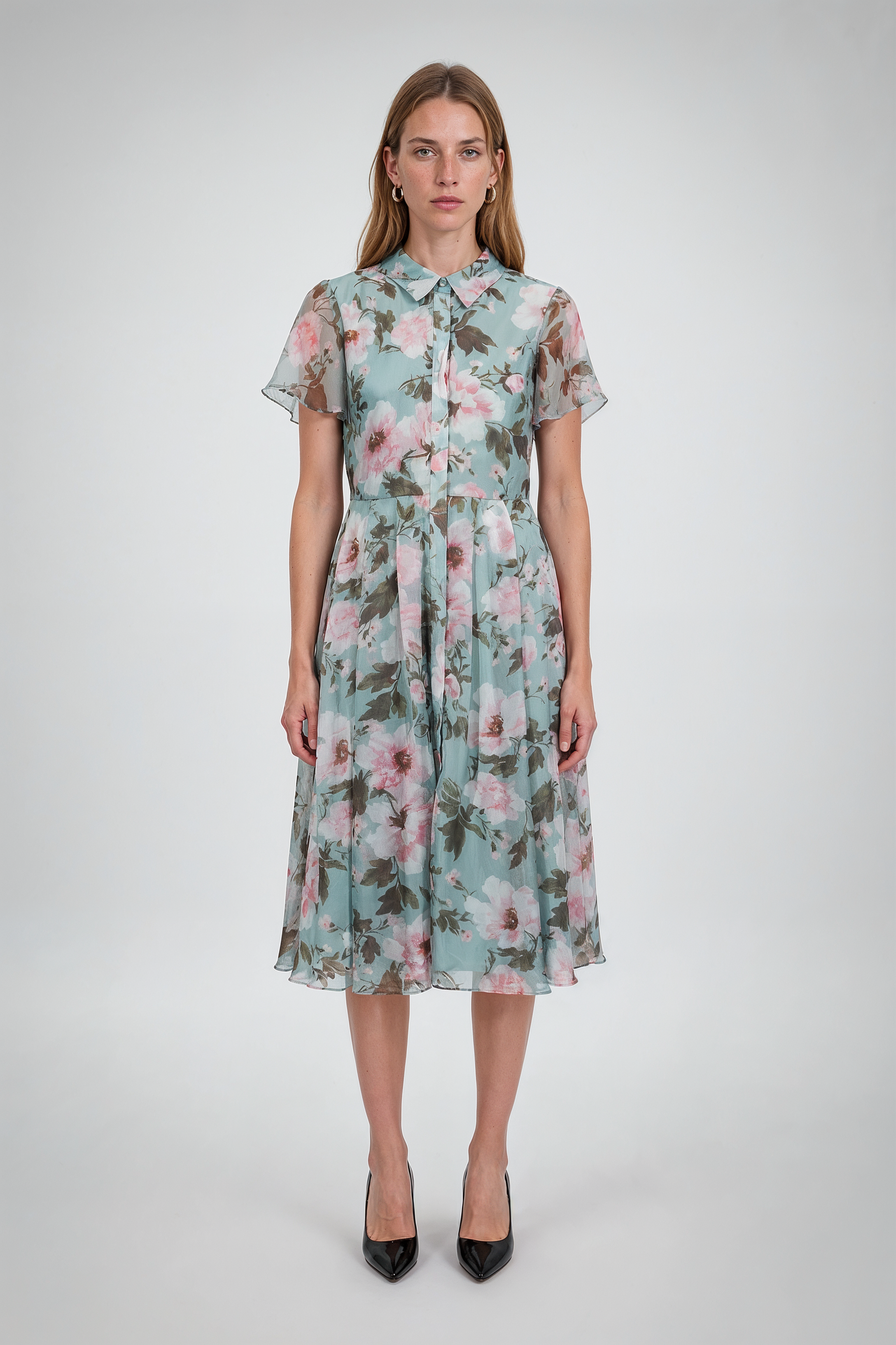 Sage Floral Chiffon Shirt Midi Dress