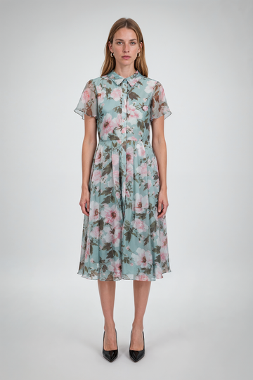 Mikael Aghal Sage Floral Shirt Midi Dress