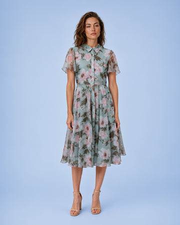 Mikael Aghal Sage Floral Chiffon Shirt Midi Dress