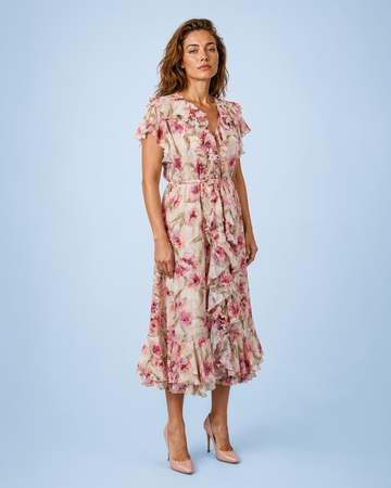 Mikael Aghal Floral Ruffled Chiffon Midi Dress