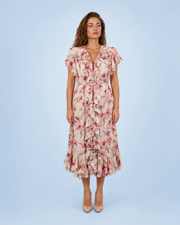 Mikael Aghal Floral Ruffled Chiffon Midi Dress