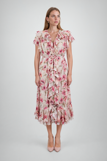 Mikael Aghal Floral Ruffled Midi Dress