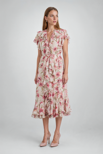 Mikael Aghal Floral Ruffled Midi Dress