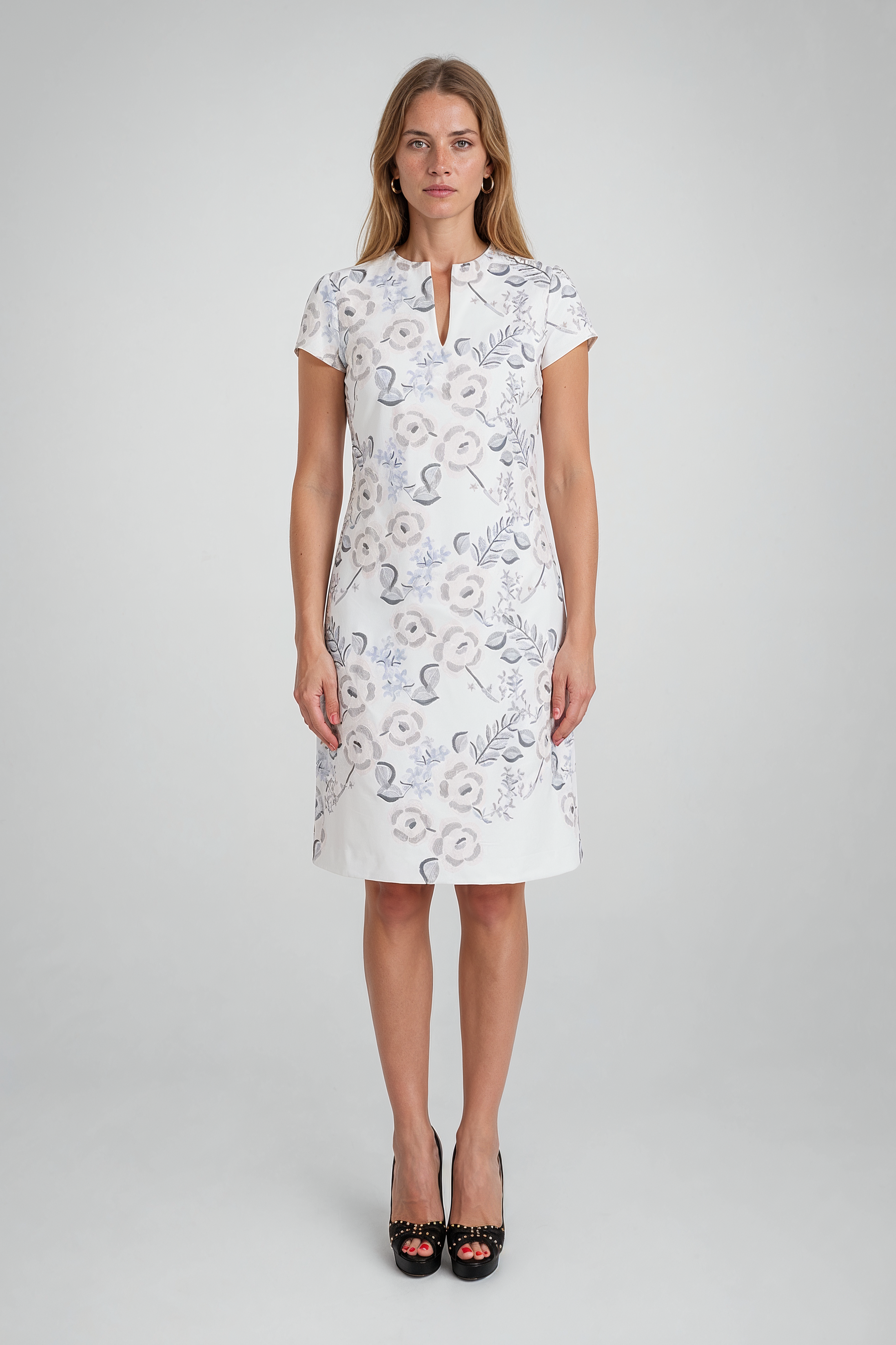 Split-Neck Floral Brocade Shift Dress in Off-White Multi