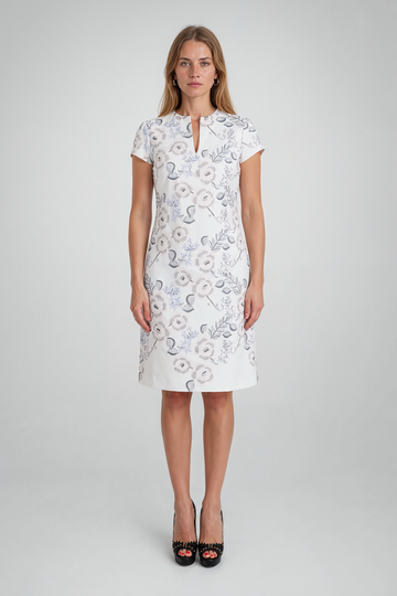Mikael Aghal Split-Neck Floral Brocade Shift Dress in Off-White Multi