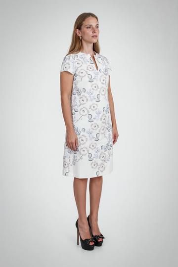 Mikael Aghal Split-Neck Floral Brocade Shift Dress in Off-White Multi
