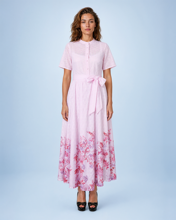 Mikael Aghal Eyelet Border-Print Shirt-Style Midi Dress in Lavender Multi
