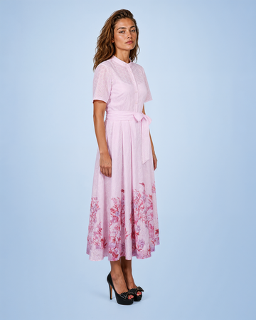 Mikael Aghal Eyelet Border-Print Shirt-Style Midi Dress in Lavender Multi
