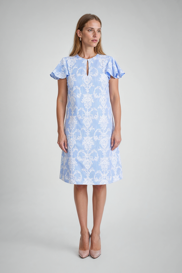Mikael Aghal Blue Seersucker Damask Shift Dress