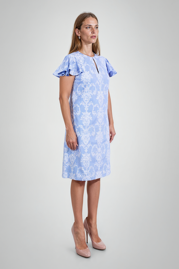 Mikael Aghal Blue Seersucker Damask Shift Dress