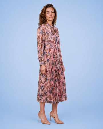 Mikael Aghal Floral Pleated Tie-Neck Midi Dress