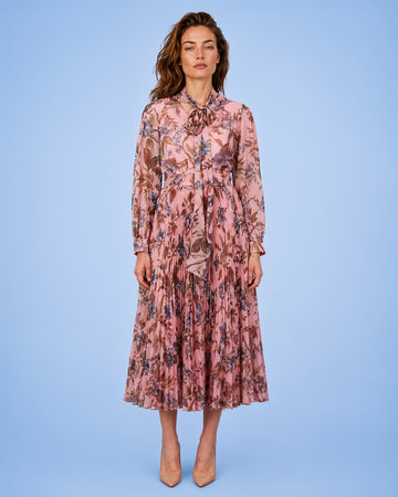 Mikael Aghal Floral Pleated Tie-Neck Midi Dress