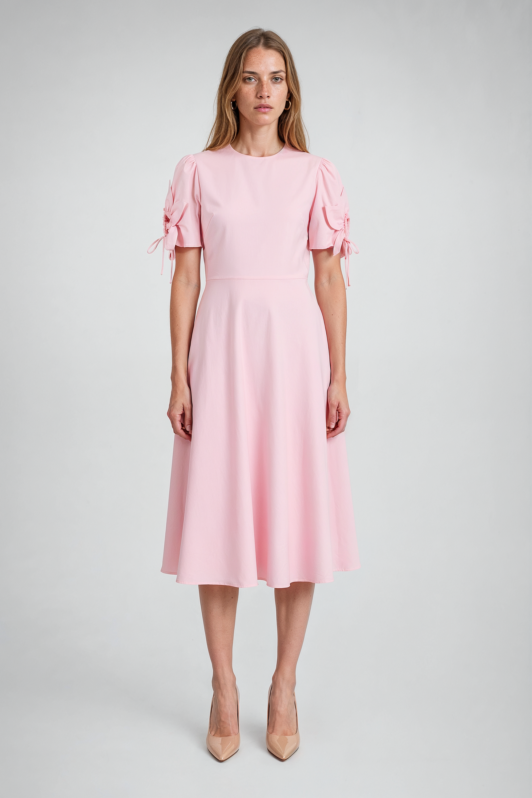 Light Pink Tie-Sleeve Fit-and-Flare Midi Dress