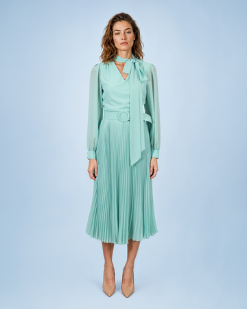 Mikael Aghal Mint Green Tie-Neck Pleated Chiffon Midi Dress