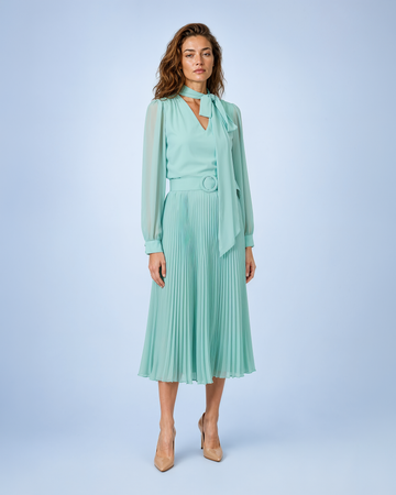Mikael Aghal Mint Green Tie-Neck Pleated Chiffon Midi Dress