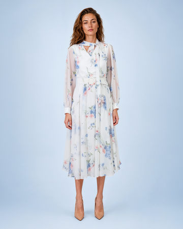 Mikael Aghal Floral Chiffon Belted Neck-Tie Midi Dress