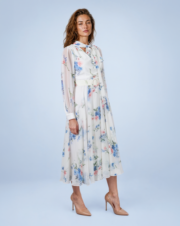 Mikael Aghal Floral Chiffon Belted Neck-Tie Midi Dress