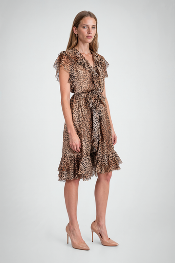 Mikael Aghal Leopard Print Ruffled Mini Dress with Belt