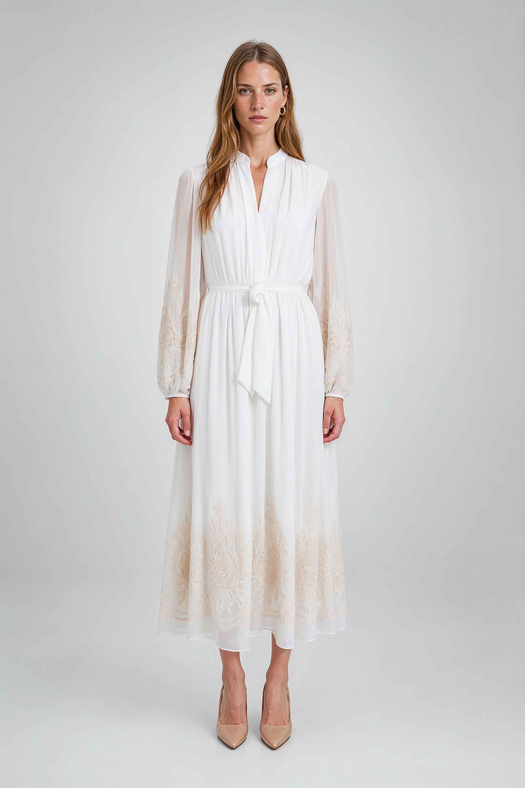 Embroidered Long-Sleeve Chiffon Midi Dress