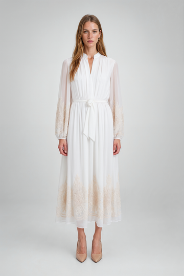 Mikael Aghal Embroidered Long-Sleeve Midi Dress