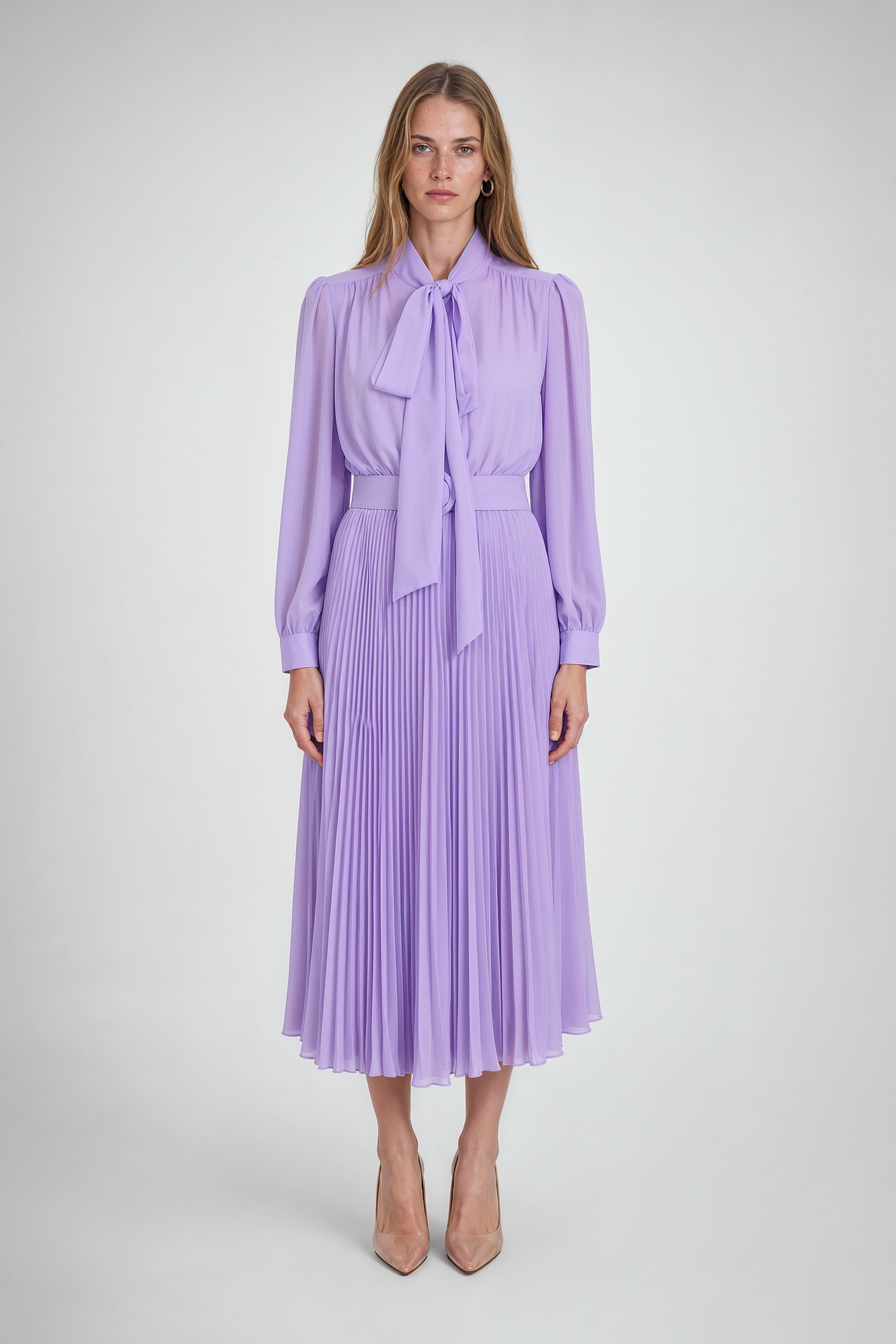 Pussy-Bow Pleated Chiffon Midi Dress