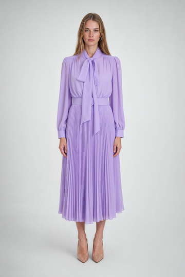 Mikael Aghal Pussy-Bow Pleated Midi Dress