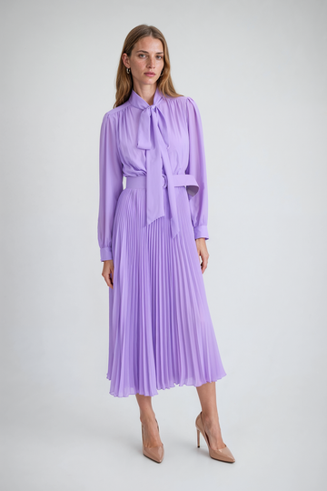 Mikael Aghal Pussy-Bow Pleated Midi Dress
