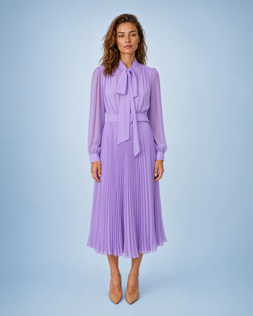 Mikael Aghal Lilac Pussy-Bow Pleated Chiffon Midi Dress