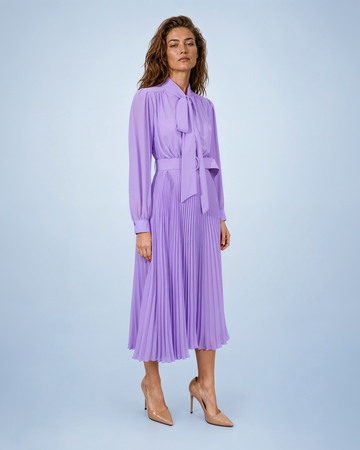 Mikael Aghal Lilac Pussy-Bow Pleated Chiffon Midi Dress