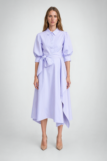 Mikael Aghal Striped Shirt Dress with Asymmetric Hem and Waist Tie