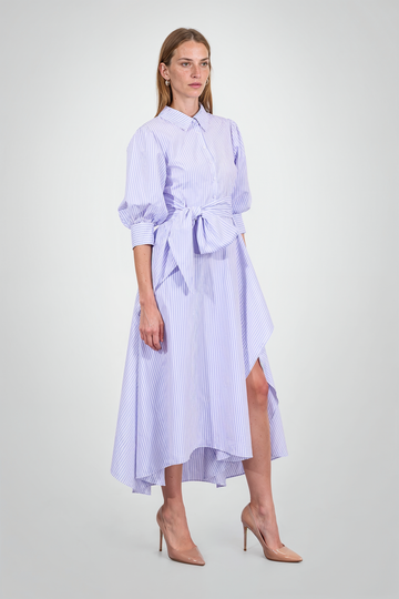 Mikael Aghal Striped Shirt Dress with Asymmetric Hem and Waist Tie