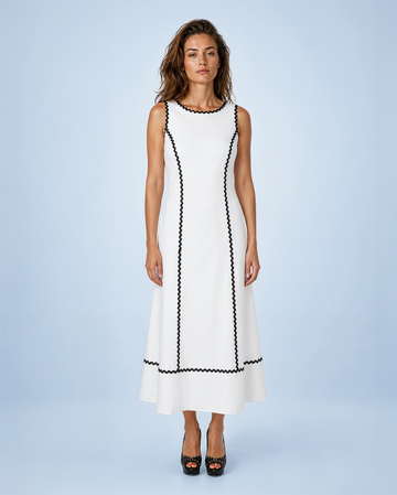 Mikael Aghal Sleeveless Ric-Rac Trimmed Midi Dress in White/Black