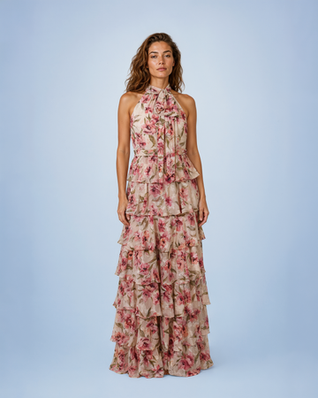 Mikael Aghal Tiered Ruffle Halter Maxi Gown in Mauve Floral