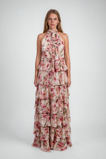 Mikael Aghal Tiered Ruffle Halter Maxi Gown in Mauve Floral